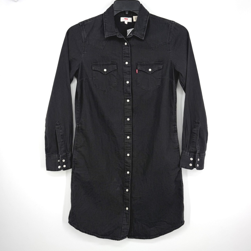 Levi's Denim Shirt Dress Women XS Black New Western Snap Front Long Sleeve